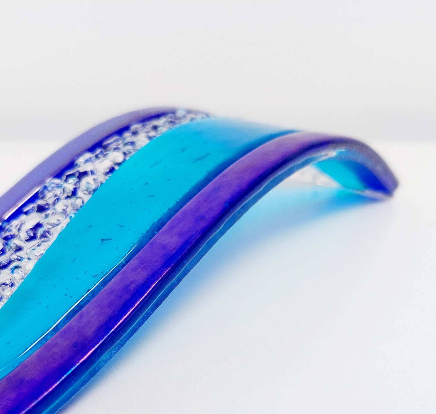 Turquoise and Iridescent Blue Glass Art Ornament |Freestanding Wave | S Curve