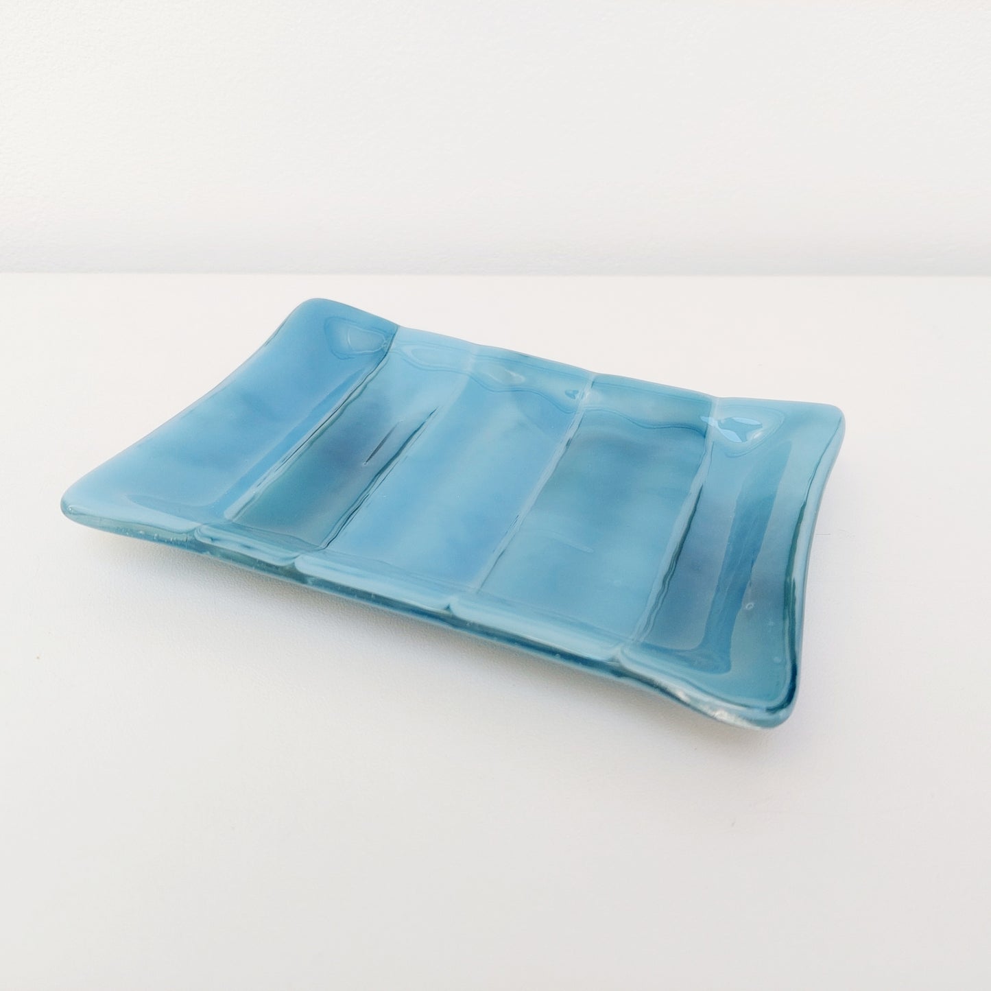 Derwent Water Glass Soap Dish with Ridges, Handmade Marine Blue Soap Tray