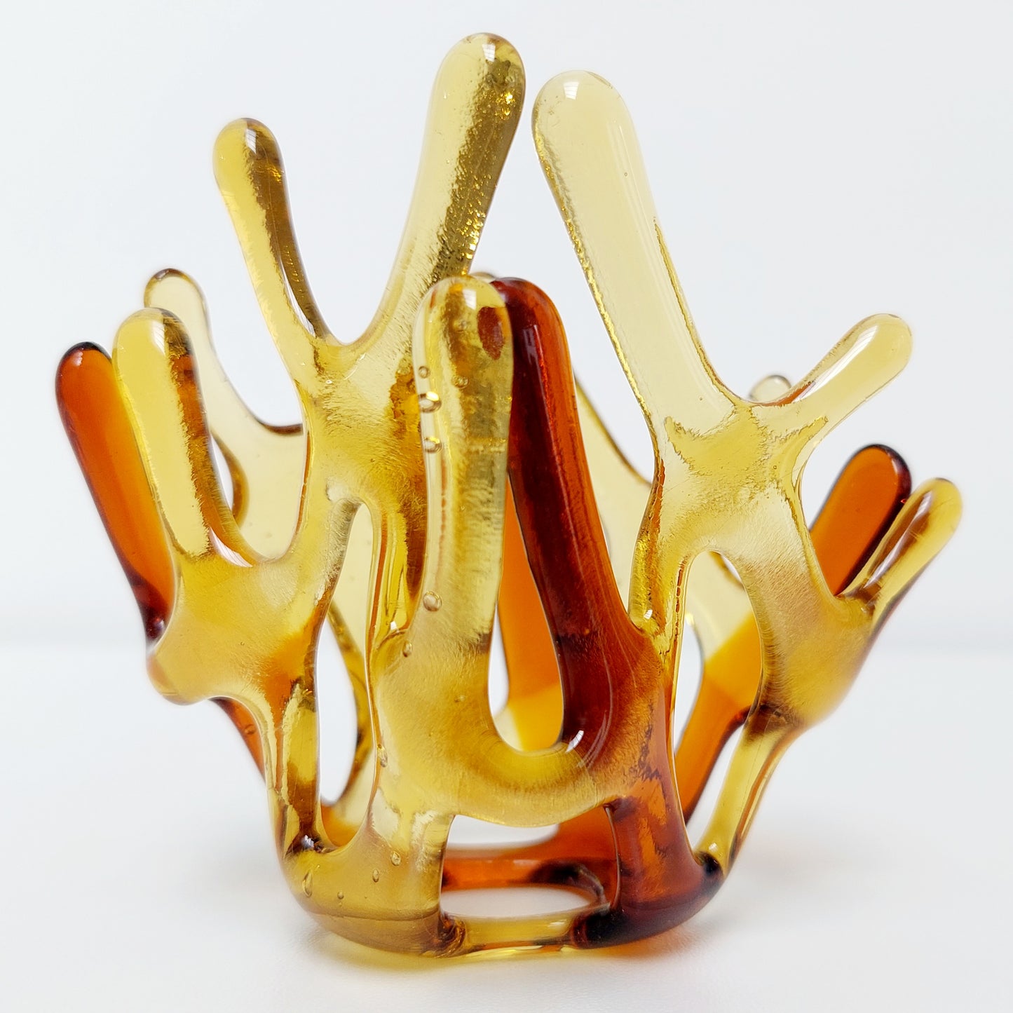 Amber Glass Tealight Holder, Small Glass Art Sculpture, Amber Décor