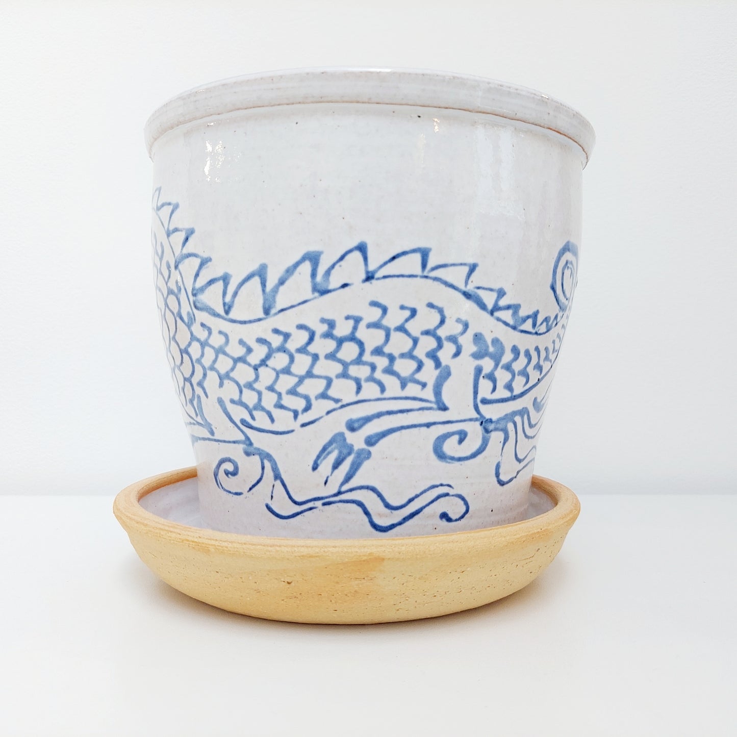 Handcrafted Blue & White Plant Pot with a Dragon Motif
