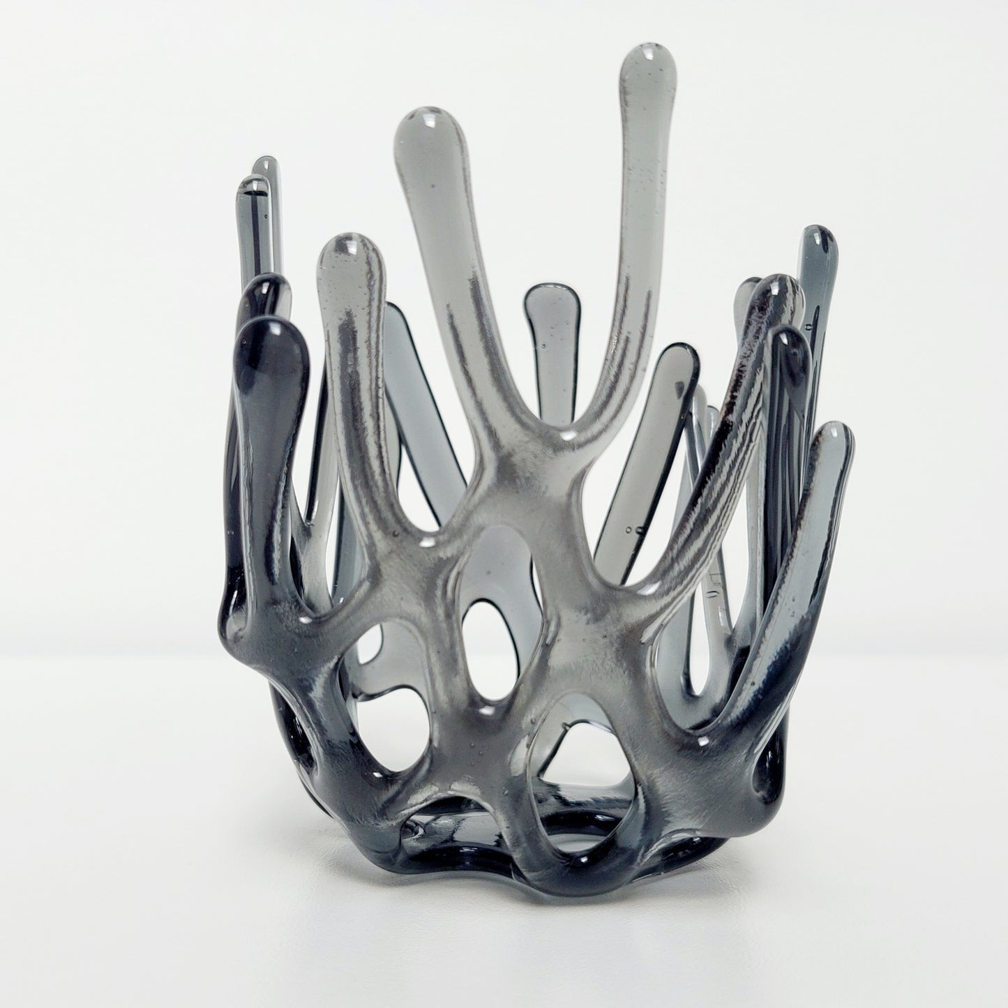 Handcrafted Silver Grey Glass Art Sculpture, Asymmetrical Coral Vase
