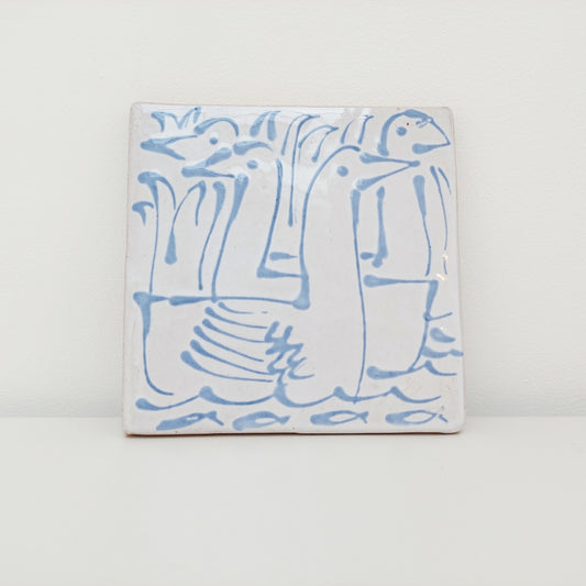 Handcrafted Blue & White Earthenware Tile with Geese Motif | Table Mat