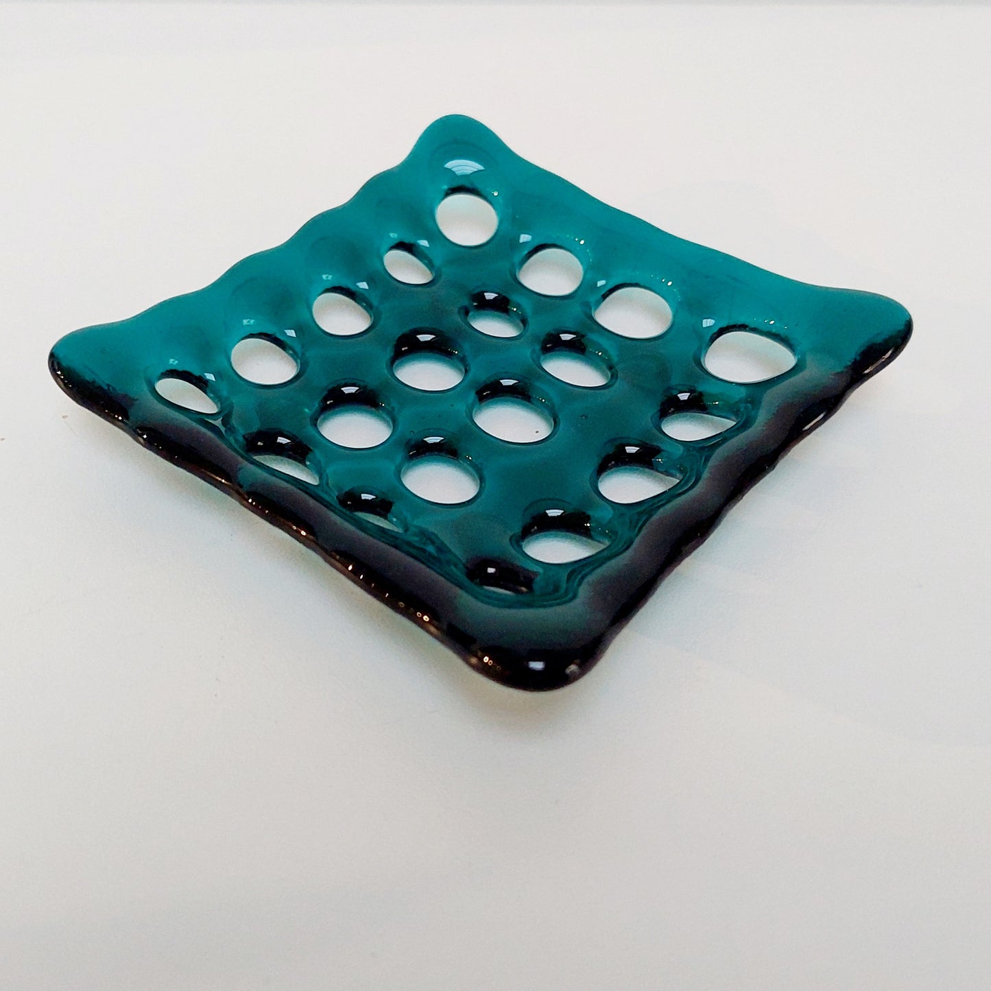Teal Glass Soap Dish with Holes