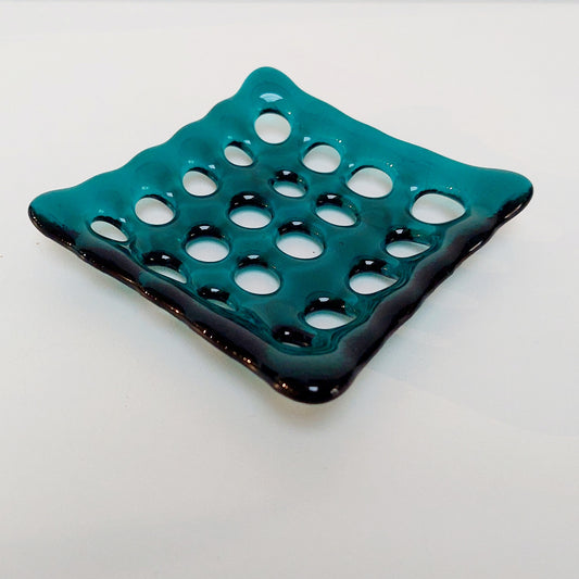 Teal Glass Soap Dish with Holes
