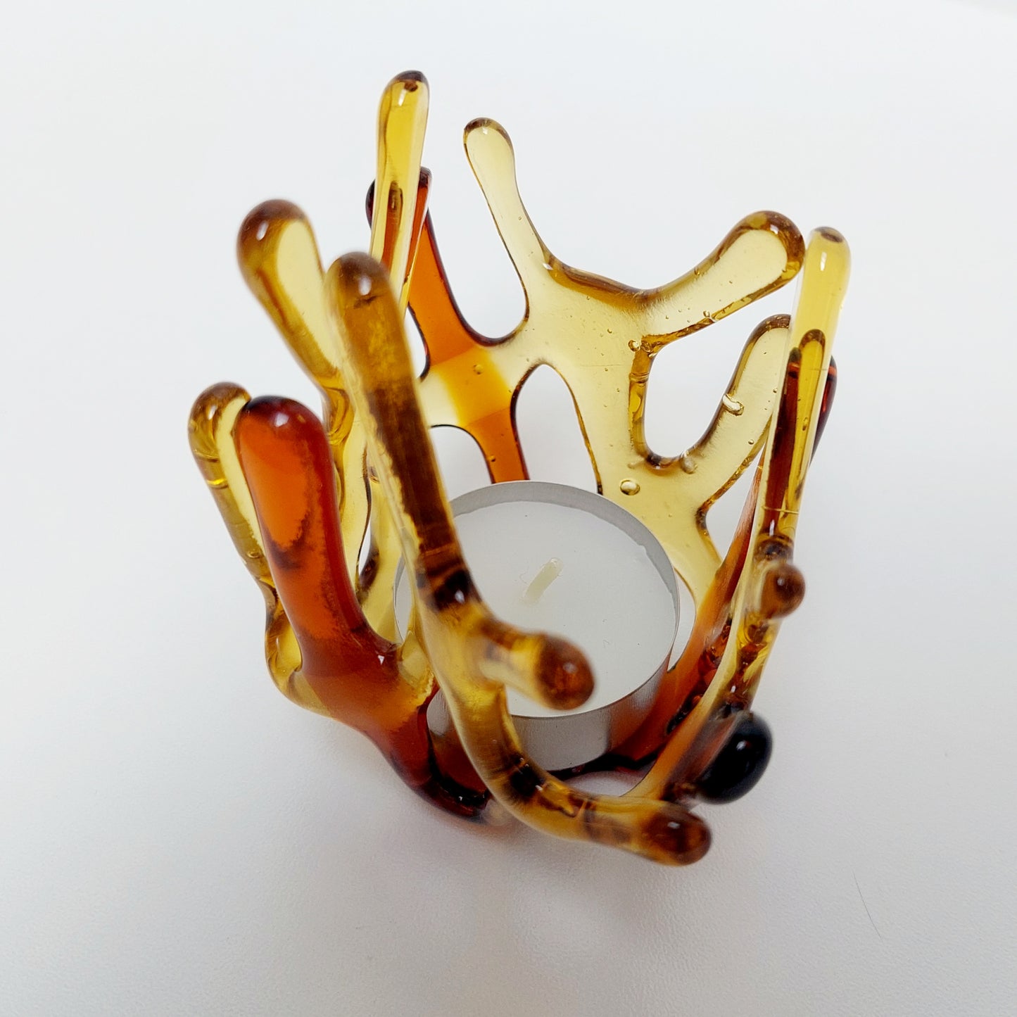 Amber Glass Tealight Holder, Small Glass Art Sculpture, Amber Décor