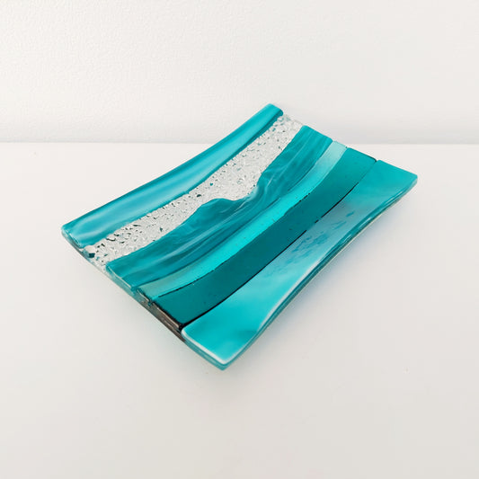 Aqua & Teal Glass Art Plate, Handmade Textured Soap Tray