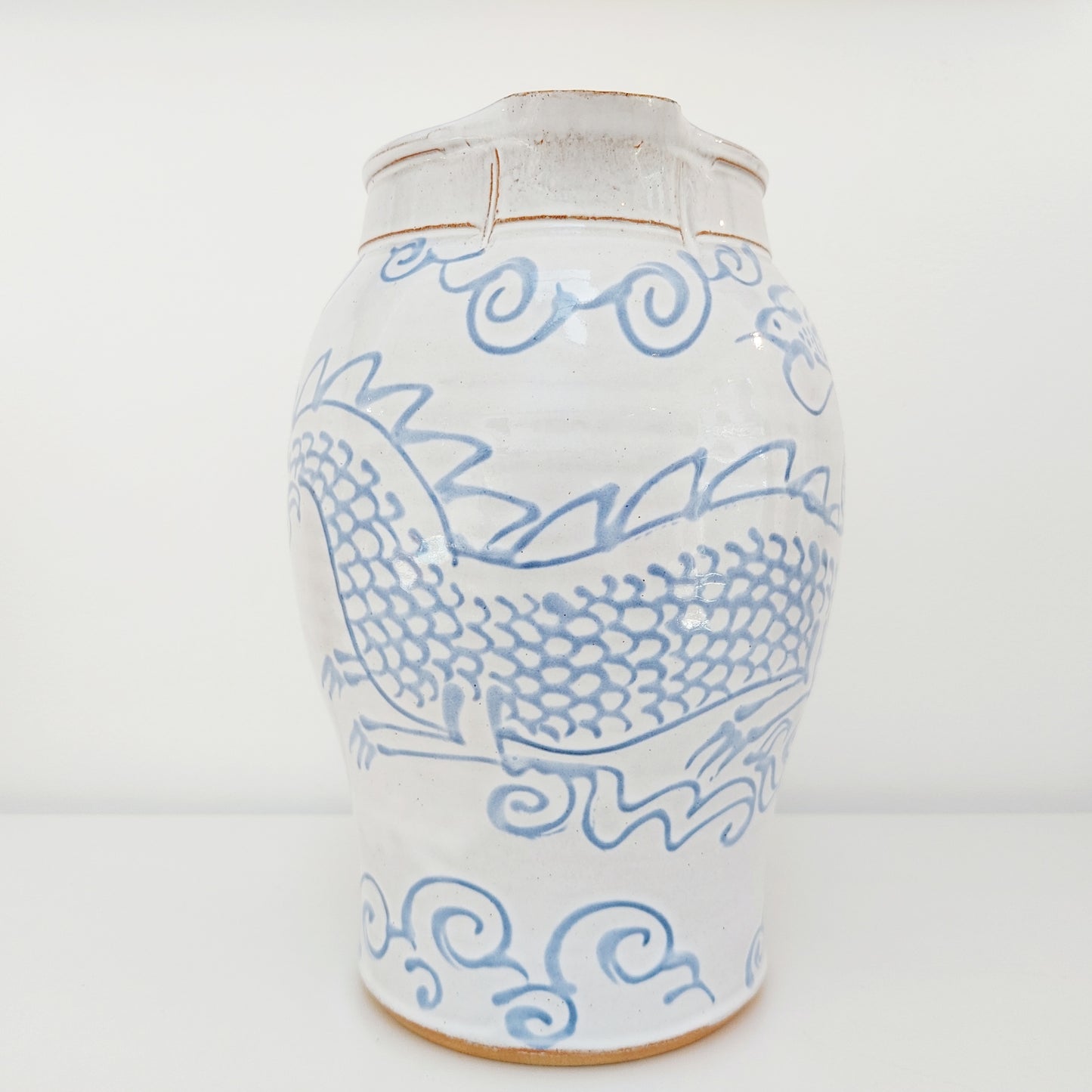 Large Blue & White Earthenware Jug with a Dragon Motif