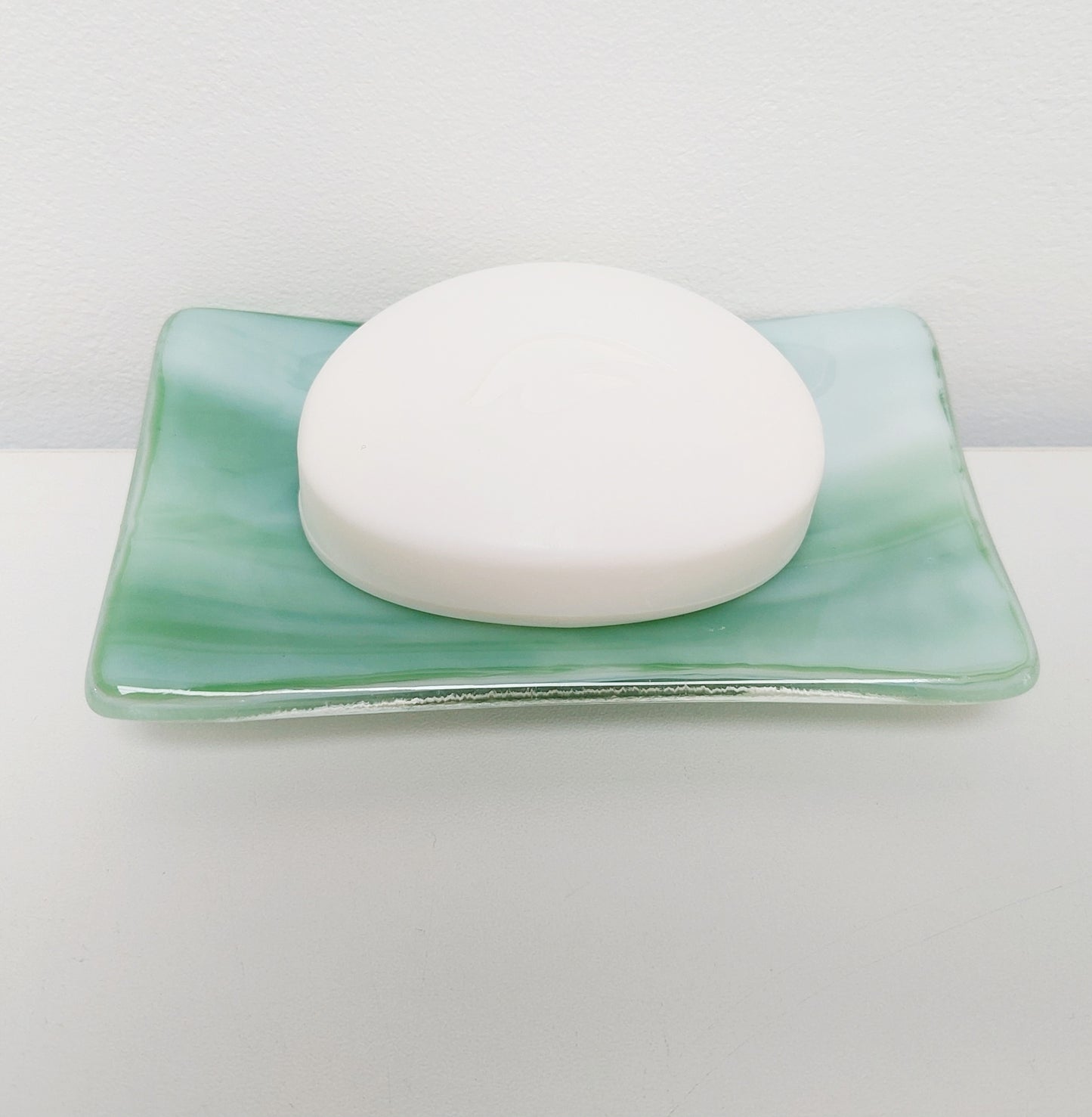 Prelude to Spring Glass Art Dish, Handmade Light Green & White Soap Tray