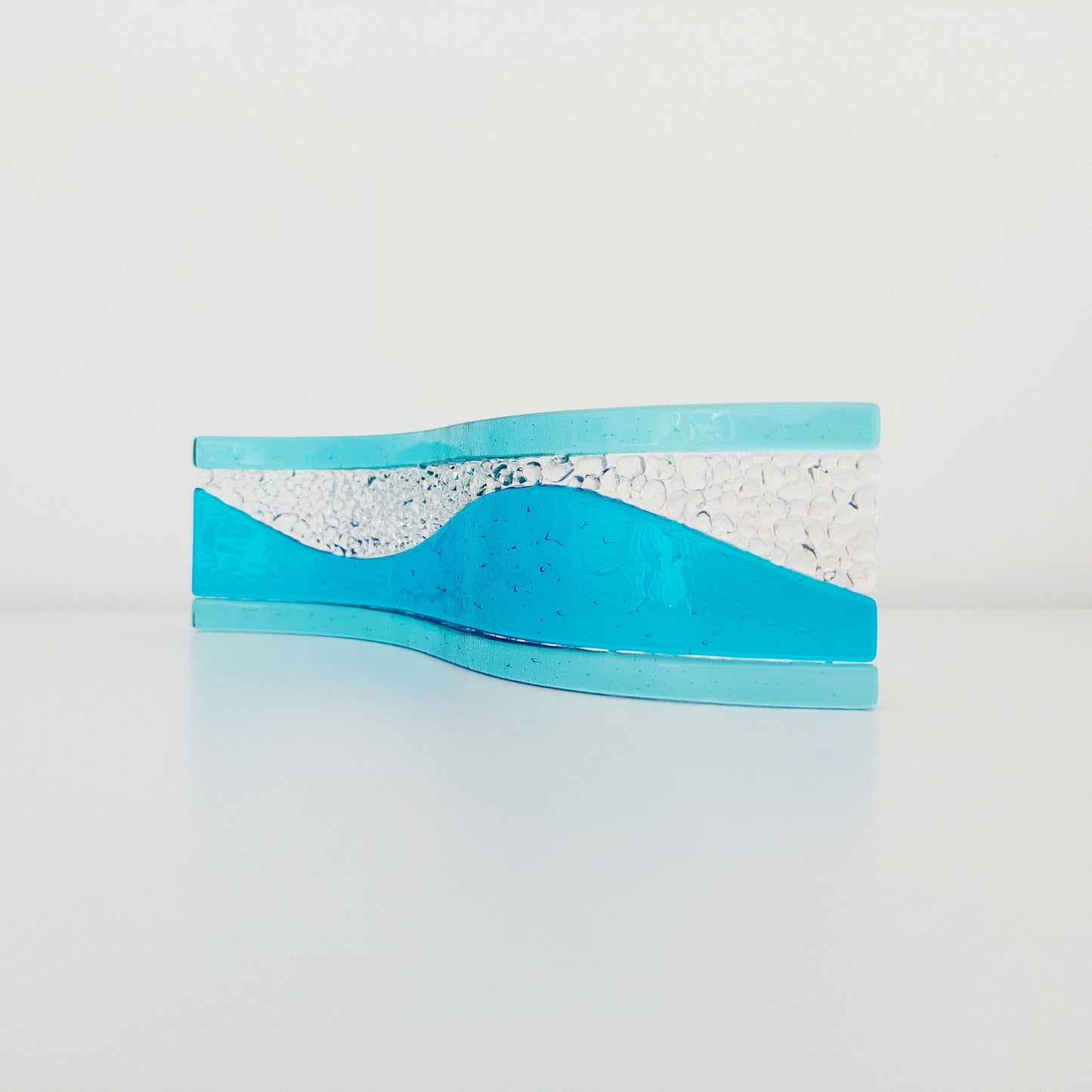 Turquoise and Aqua Glass Ornament, Handmade Textured Glass Art Wave, Freestanding Glass Panel, Turquoise Shelf Ornament, Beach House Décor