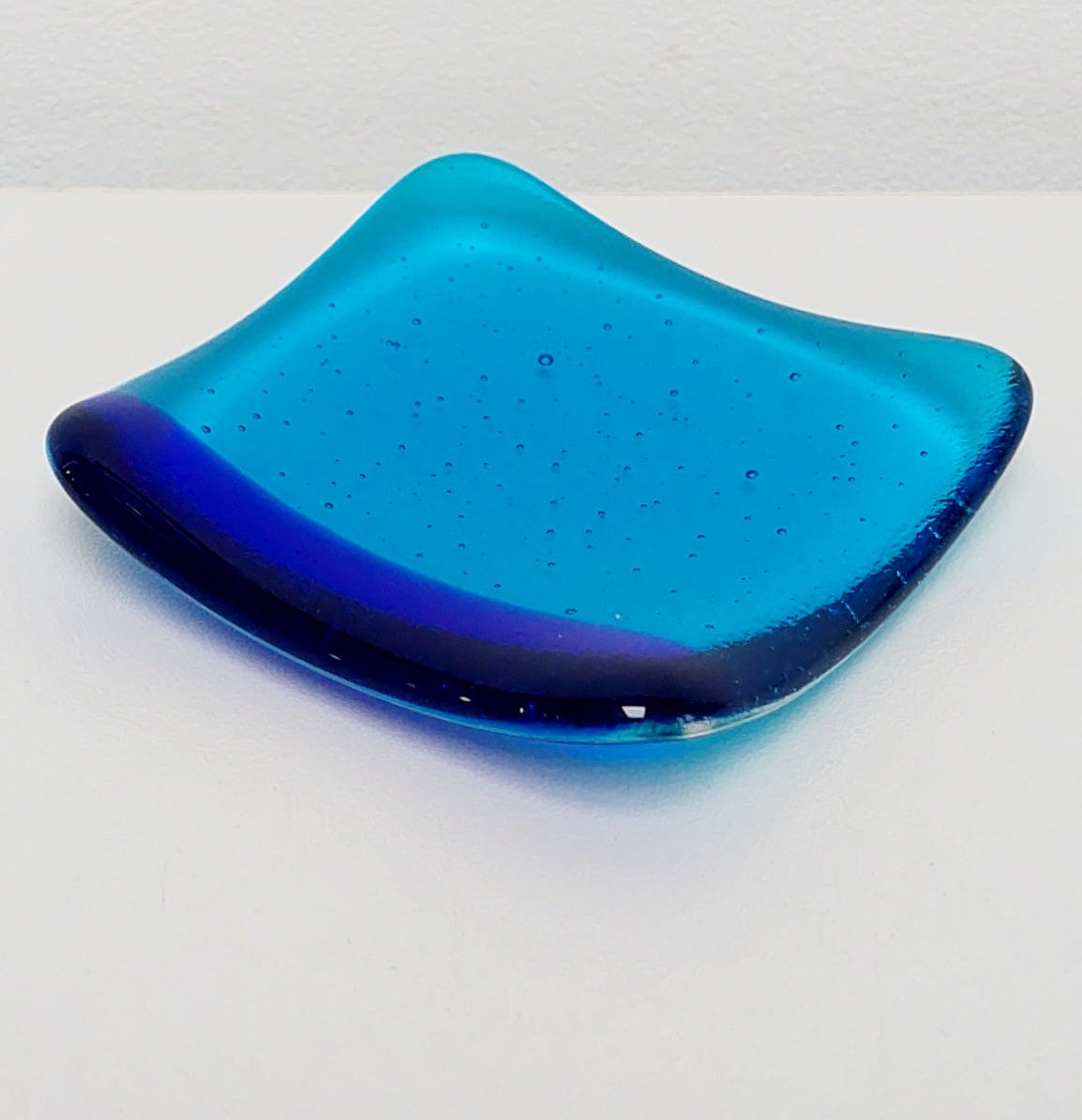 Turquoise Glass Art Ring Bowl with Cobalt Blue Accent, Handmade Bedside Table Trinket Dish
