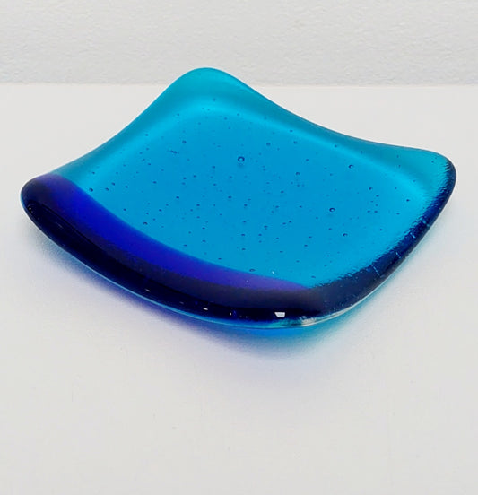 Turquoise Glass Art Ring Bowl with Cobalt Blue Accent, Handmade Bedside Table Trinket Dish