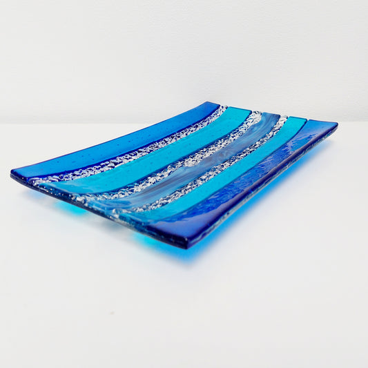 Blue Textured Glass Art Plate, Handcrafted Decorative Tray