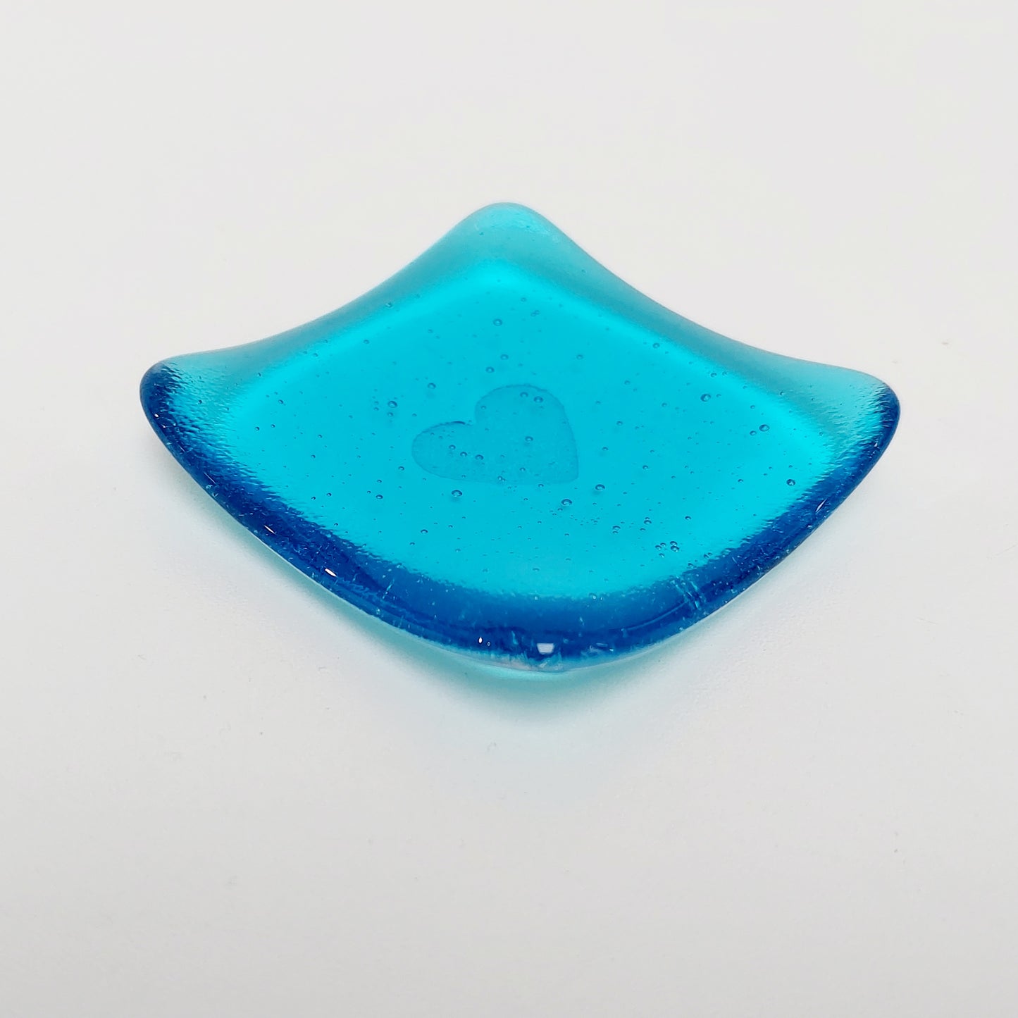 Turquoise Glass Heart Ring Dish, Small Handmade Fused Glass Trinket Dish