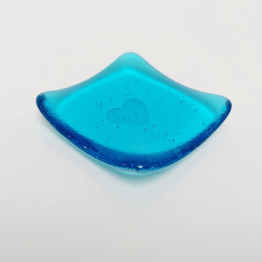 Turquoise Glass Heart Ring Dish, Small Handmade Fused Glass Trinket Dish