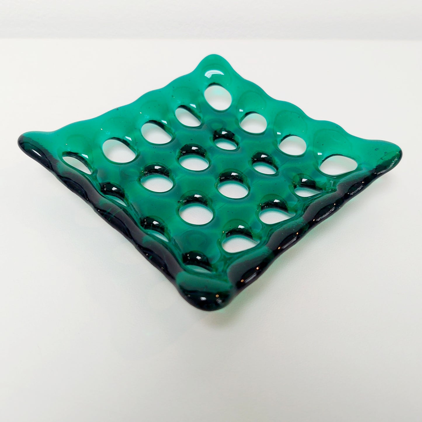 Emerald Green Glass Soap Dish with Holes