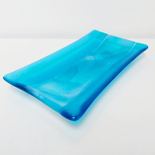 Winter in the Lakes Glass Art Platter,  Turquoise Artisanal Glass Plate, Large Handmade Blue Glass Trinket Dish, Turquoise Décor