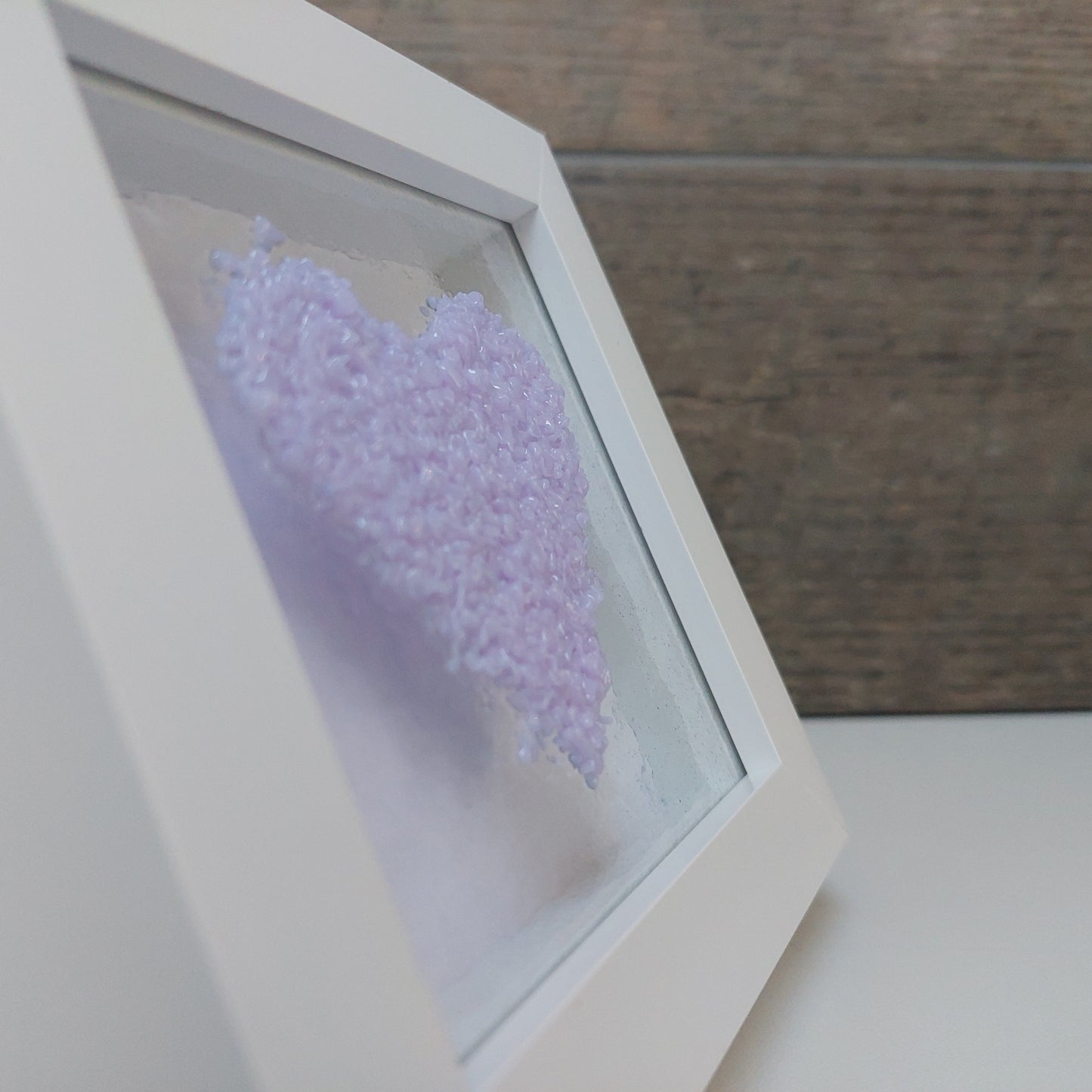 Framed Lilac Glass Heart, Freestanding Picture, Light Purple Wall Decor