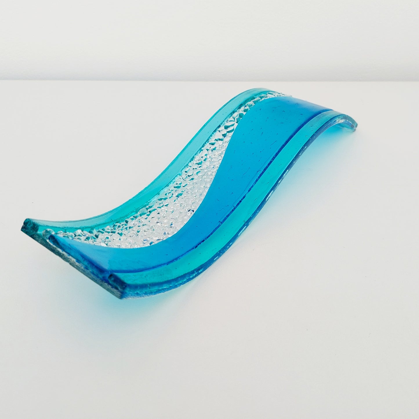Turquoise and Aqua Glass Ornament, Handmade Textured Glass Art Wave, Freestanding Glass Panel, Turquoise Shelf Ornament, Beach House Décor
