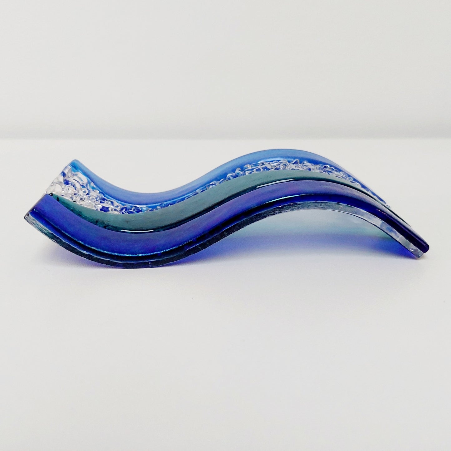 Handcrafted Lake District Glass Ornament, Small Blue Green Fused Glass Wave