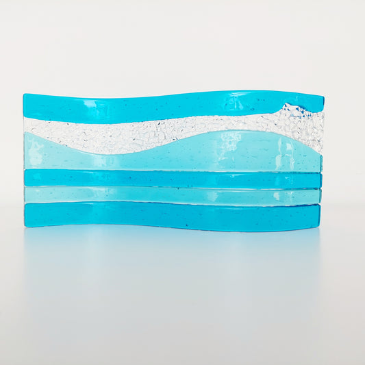Aqua and Turquoise Glass Art Ornament, Handmade Kiln Formed Glass Wave, Textured Mantlepiece Ornament, Lake District Glass Art, Summer Décor