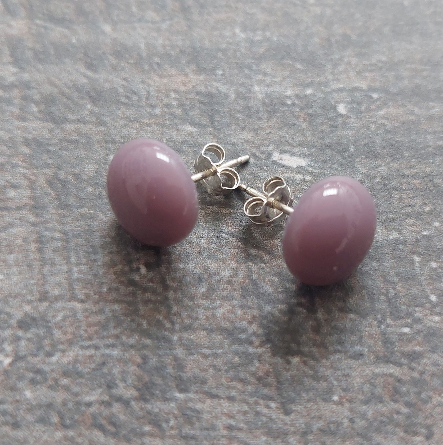 Opalescent Plum Glass Stud Earrings with Sterling Silver Posts