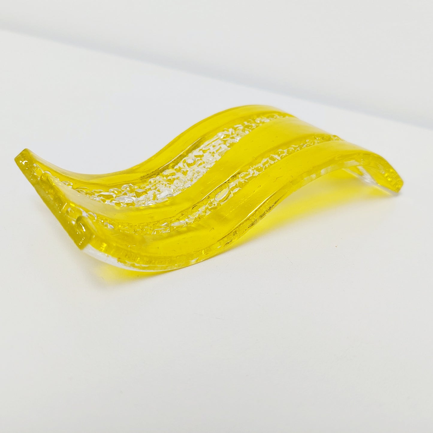 Handmade Yellow Glass Art Ornament, Freestanding Fused Glass Wave