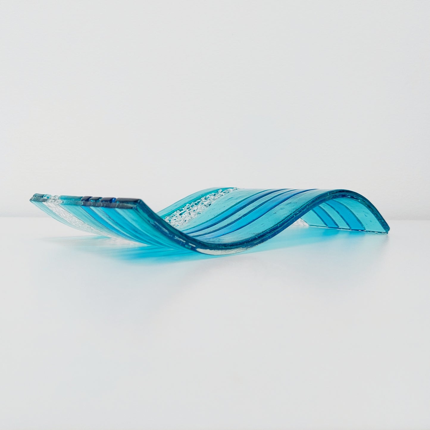 Large Aqua Glass Art Wave with Turquoise Accents, Handmade Textured Fused Glass Ornament, Aqua Décor, Beach House Décor, Lake District Gift