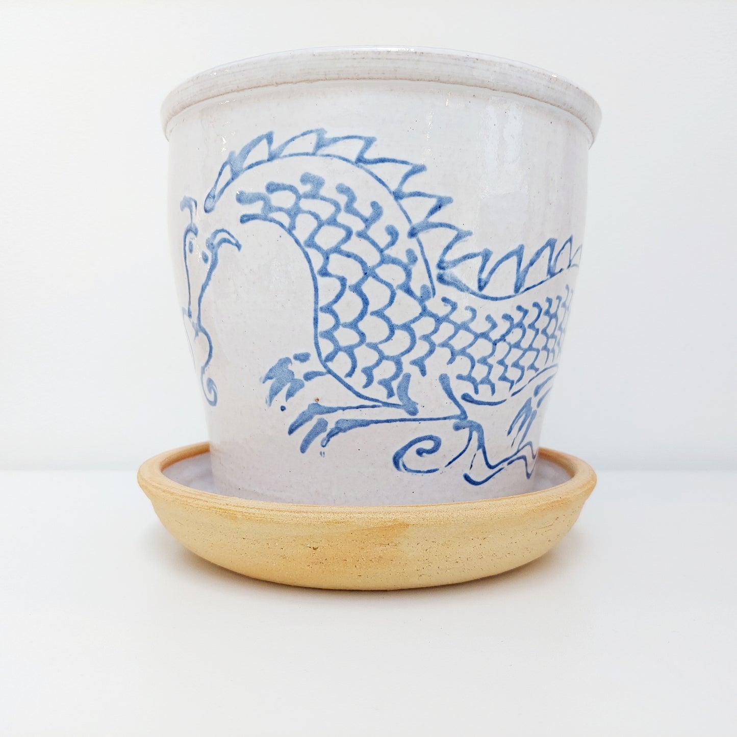 Handcrafted Blue & White Plant Pot with a Dragon Motif