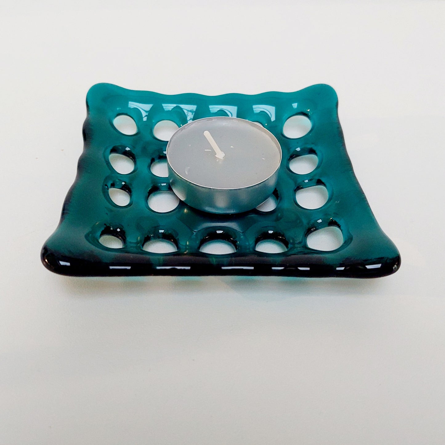 Teal Glass Soap Dish with Holes