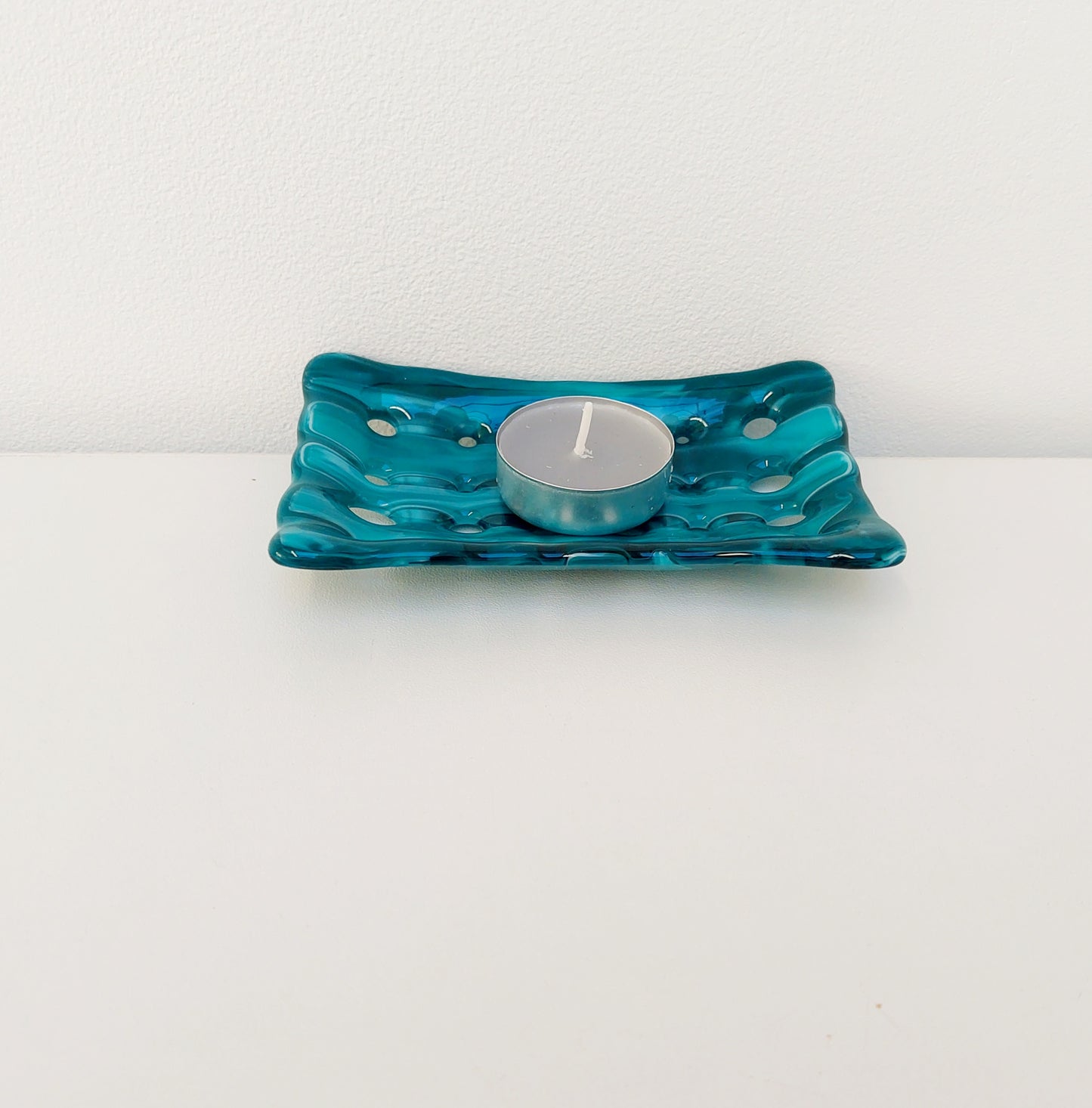 Rectangular Teal & Aqua Glass Soap Dish with Holes