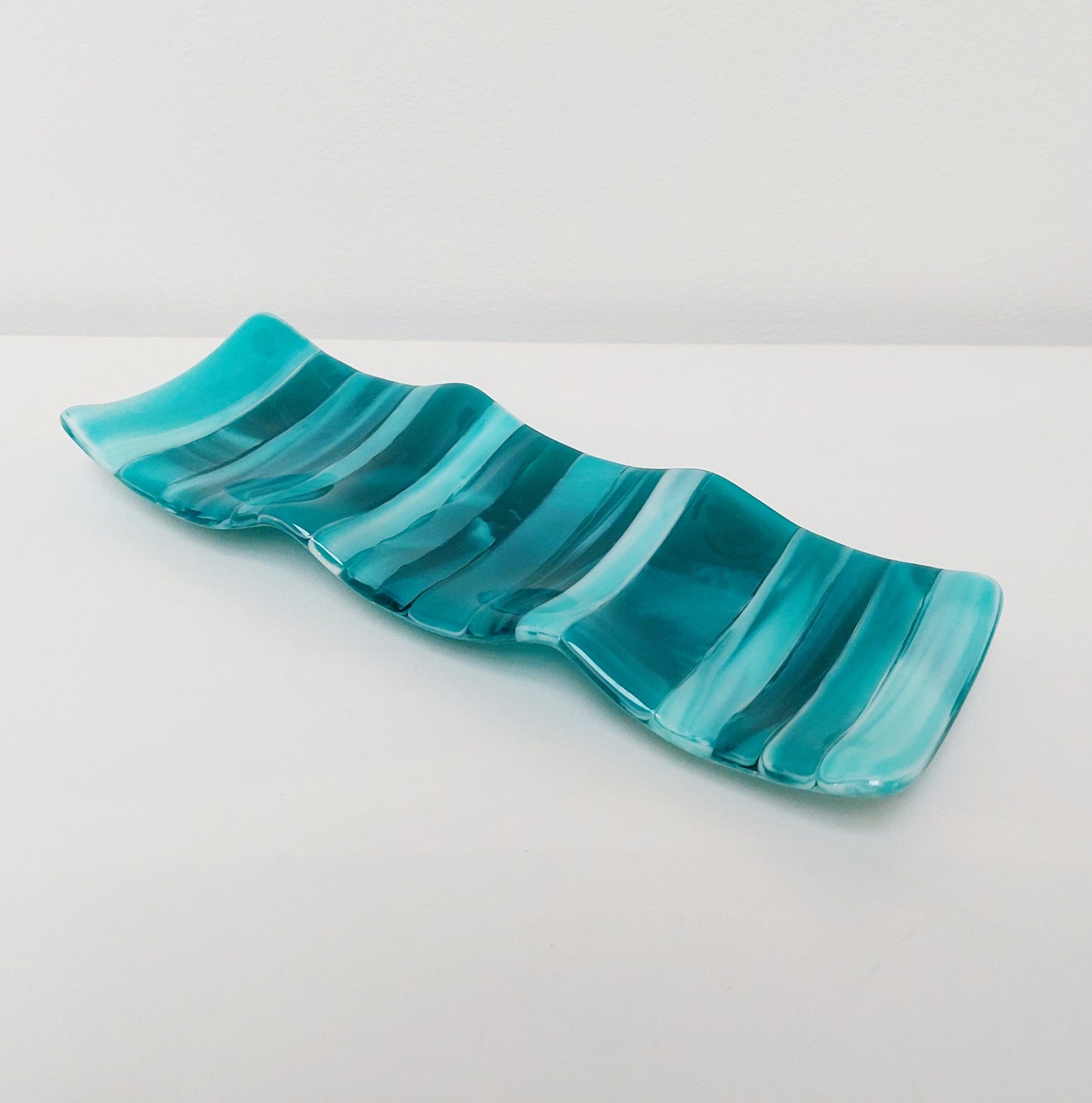 Handmade Teal Glass Candle Stand Kiln Formed in the Lake District