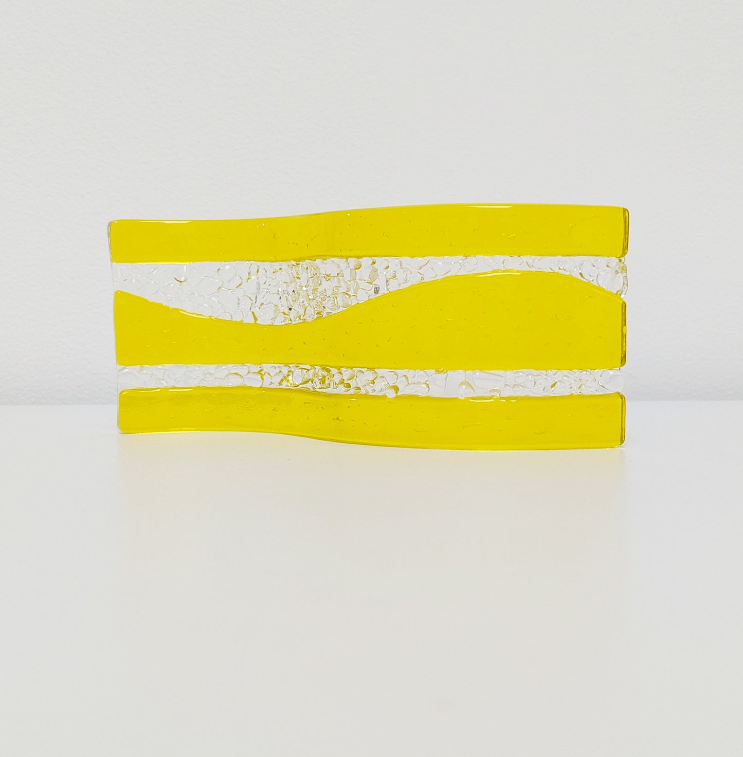 Handmade Yellow Glass Art Ornament, Freestanding Fused Glass Wave