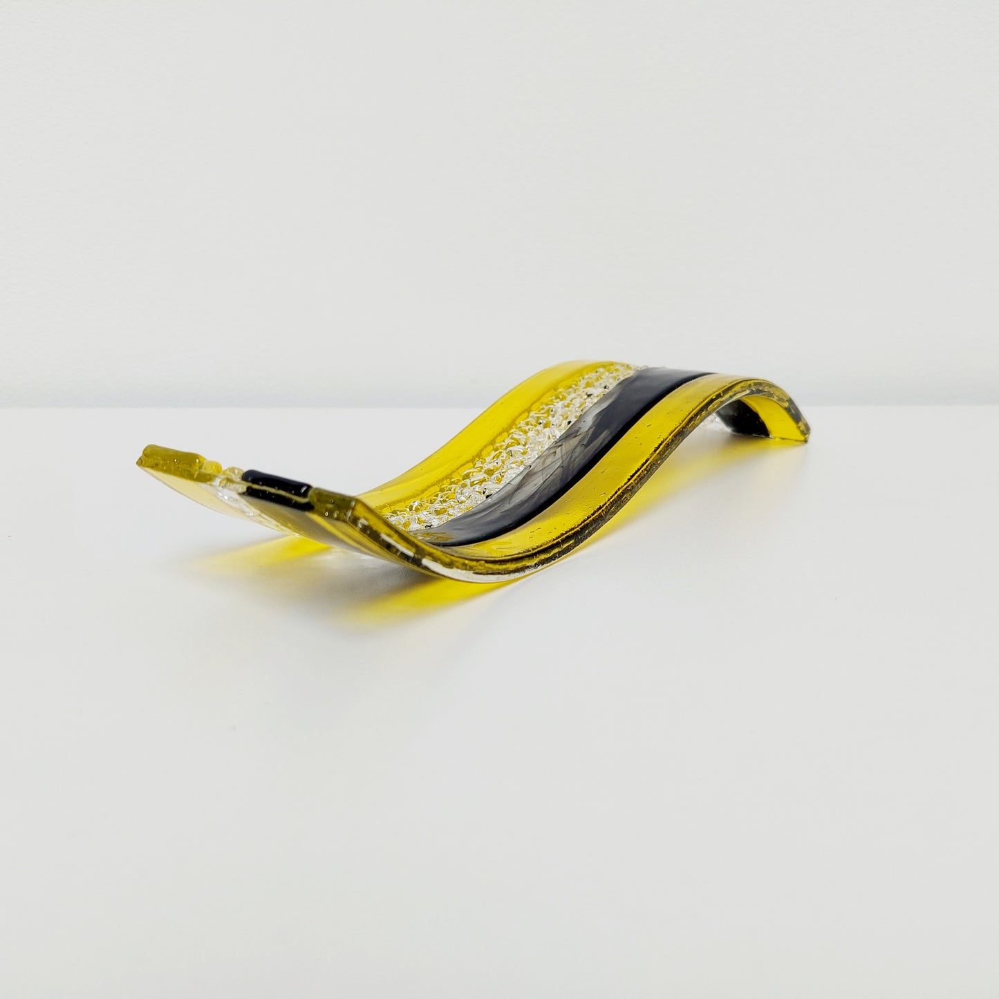 November Sunshine Glass Art Wave, Yellow and Black Sculpture