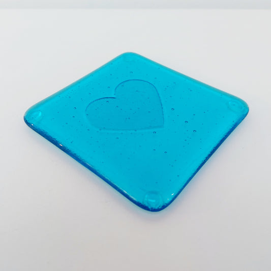 Handcrafted Turquoise Glass Coaster with Heart Motif