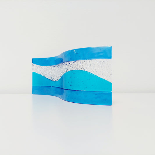 Turquoise Blue Glass Art Wave, Handmade Kiln Formed Glass Ornament