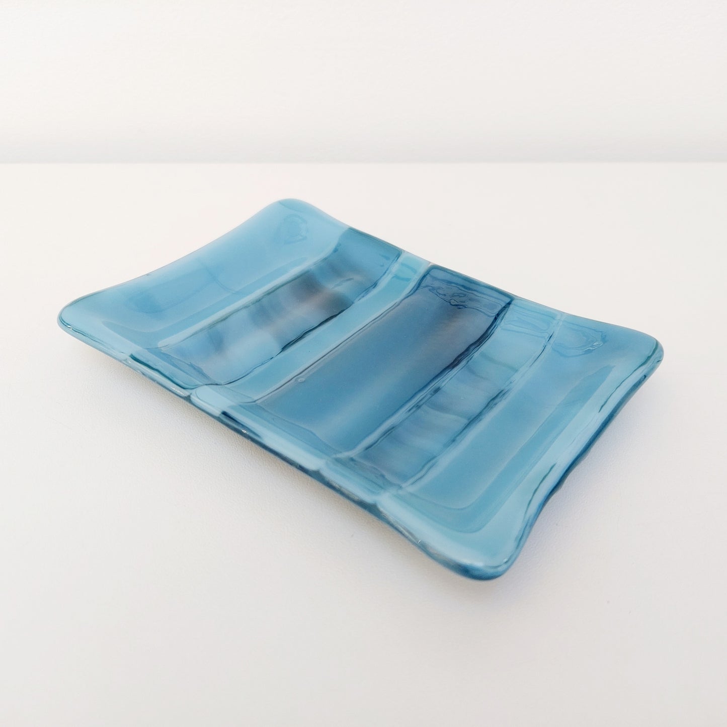 Derwent Water Glass Soap Dish with Ridges, Handmade Marine Blue Soap Tray