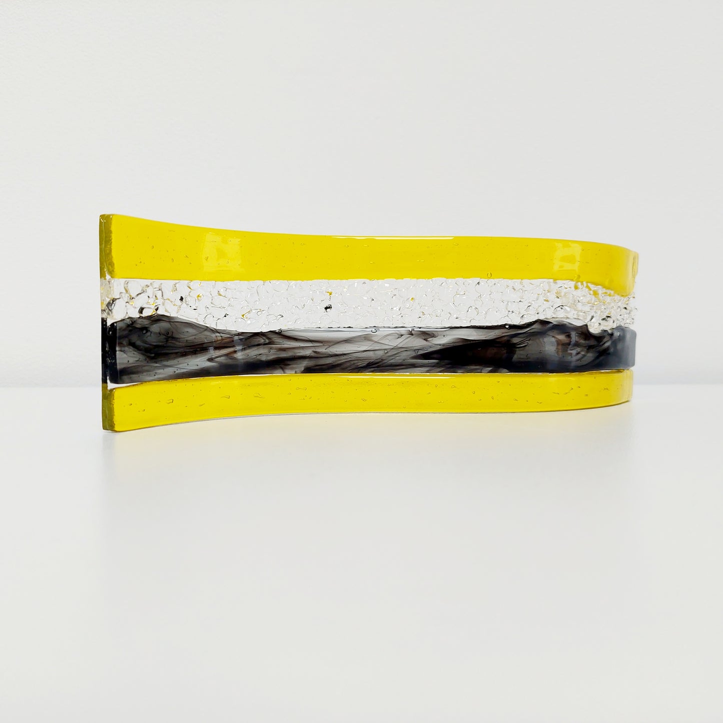 November Sunshine Glass Art Wave, Yellow and Black Sculpture