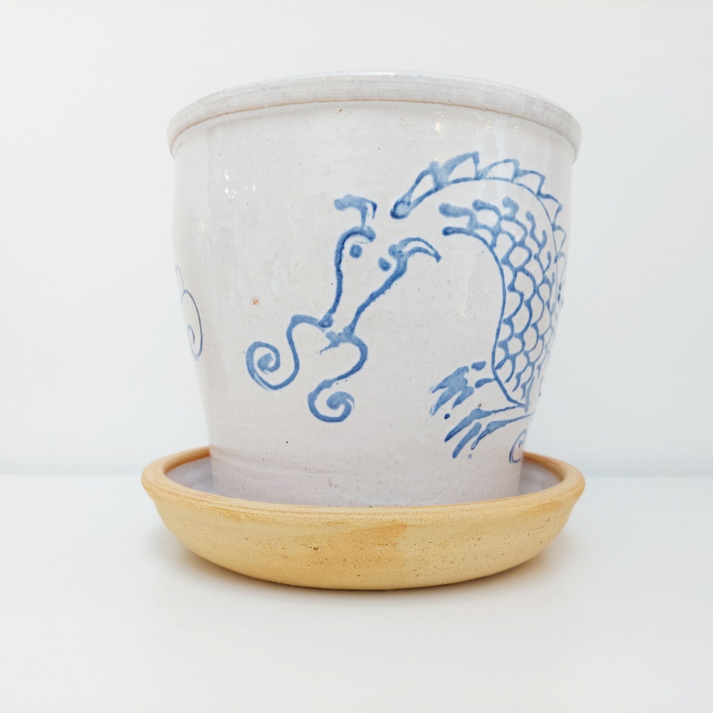 Handcrafted Blue & White Plant Pot with a Dragon Motif