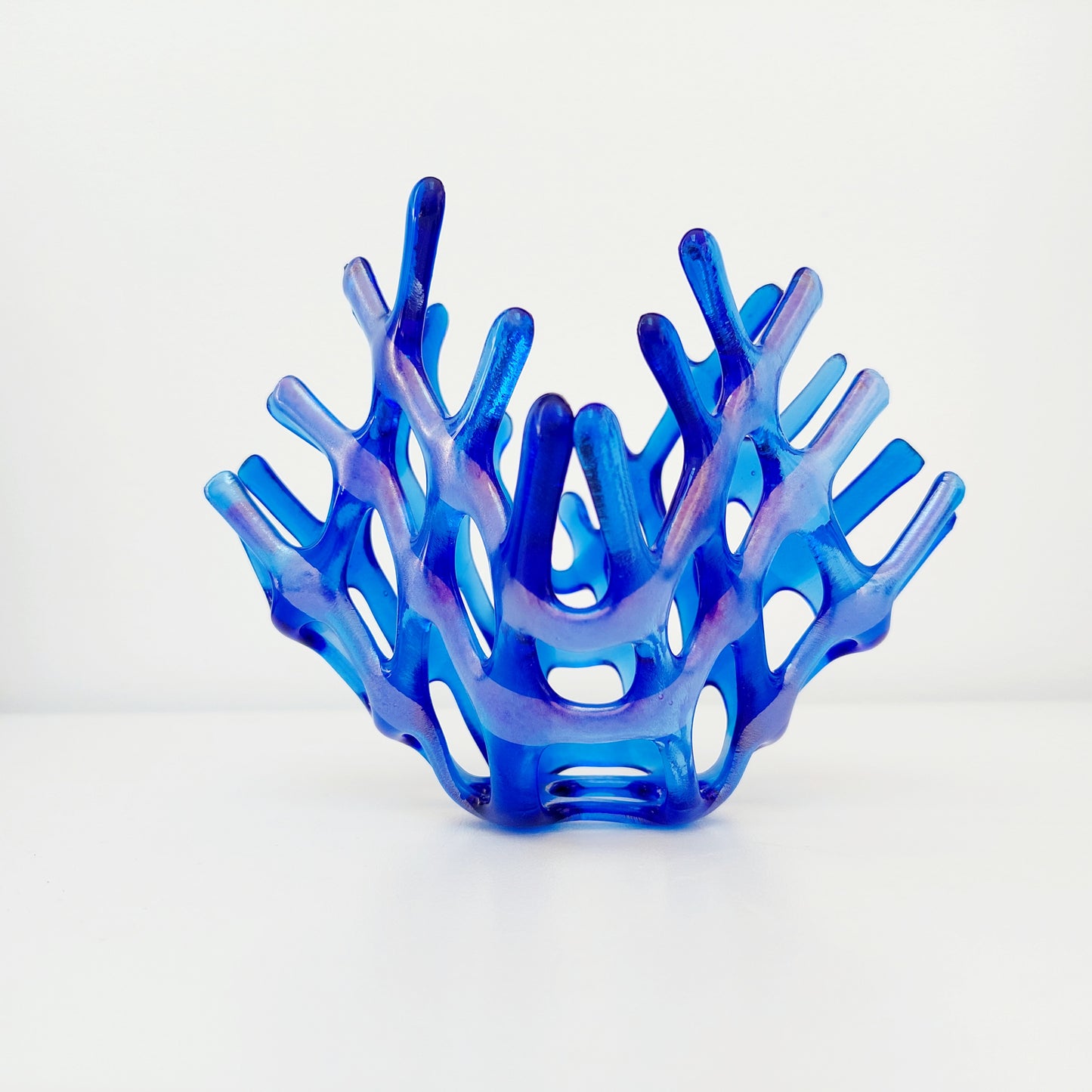 Handcrafted Iridescent Blue Glass Basket, Asymmetrical Coral Vase, Art Sculpture