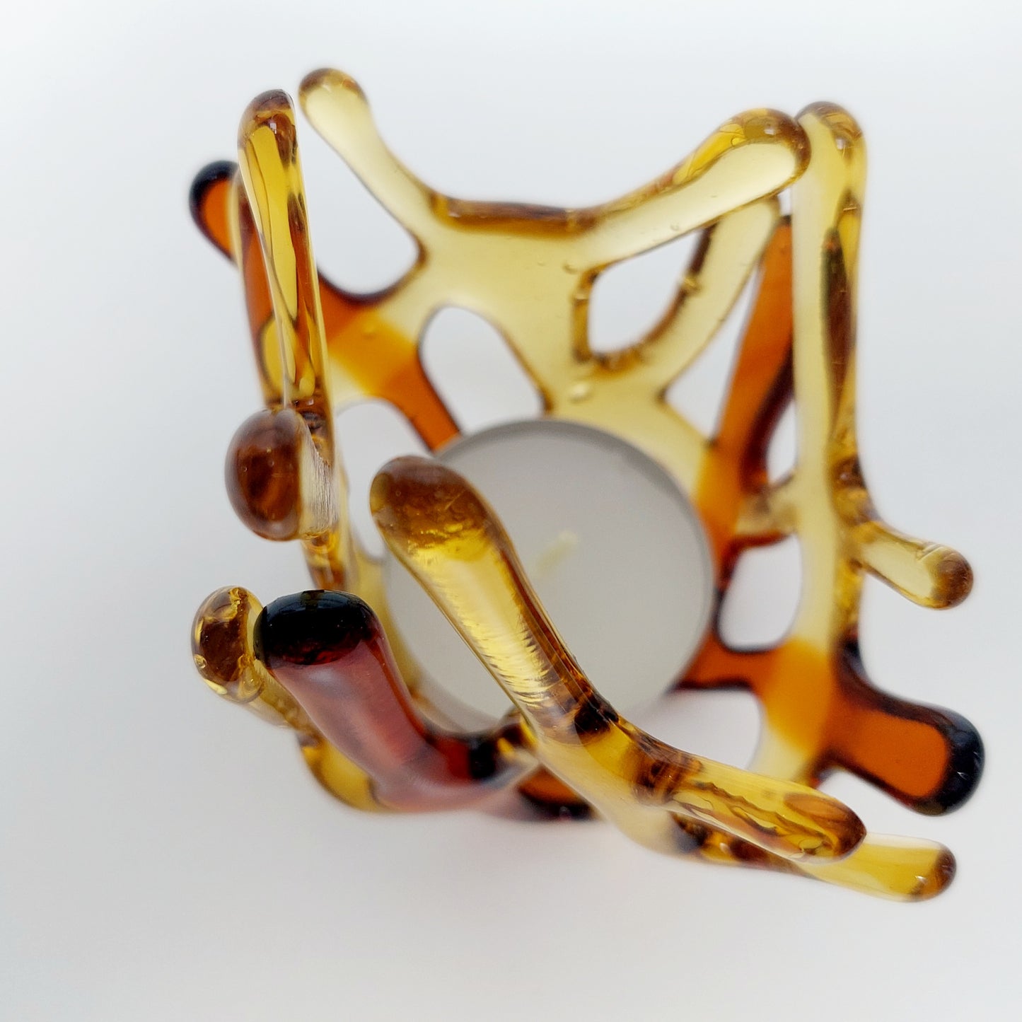 Amber Glass Tealight Holder, Small Glass Art Sculpture, Amber Décor