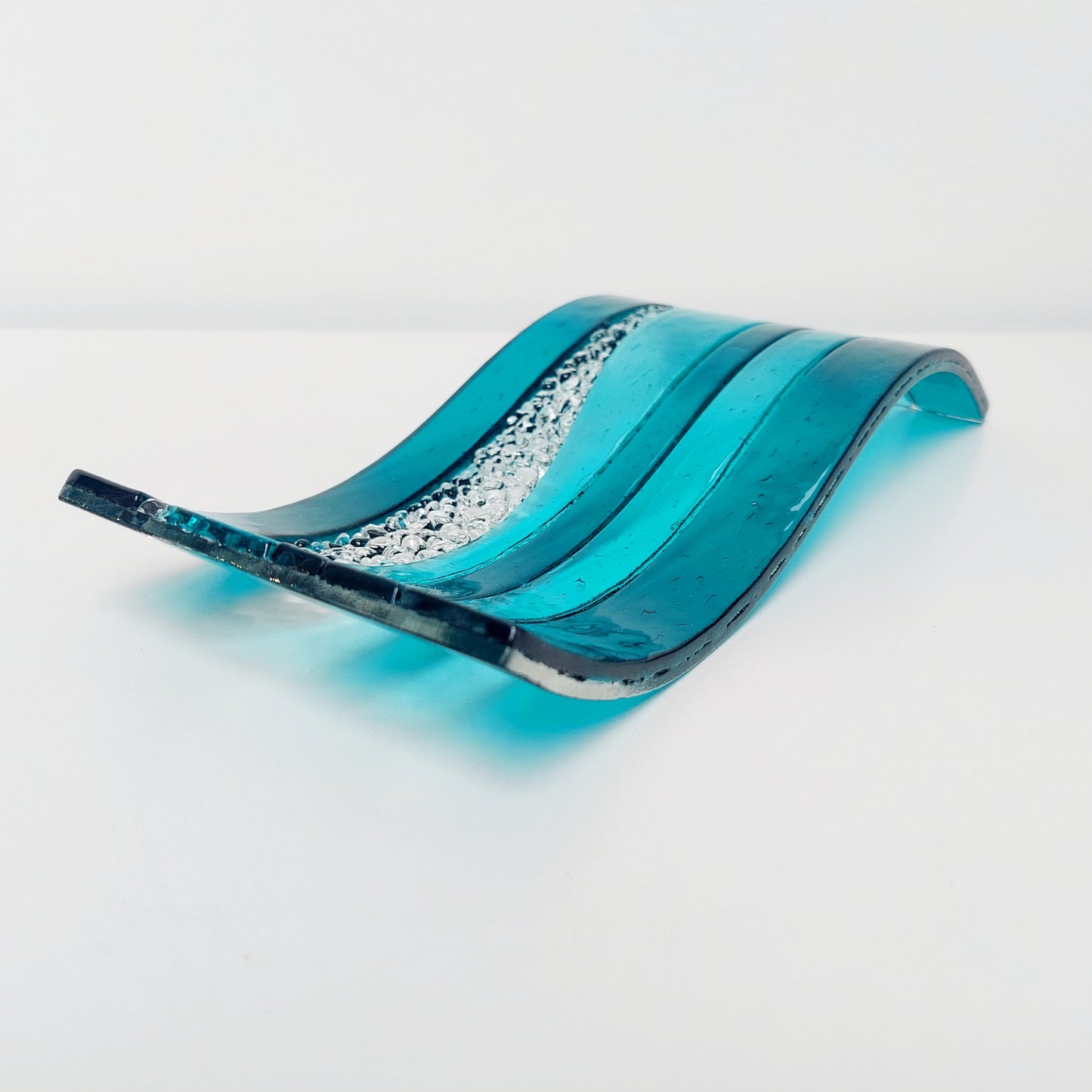 Aqua and Teal Glass Wave, Artisanal Fused Glass Ornament, Freestanding Textured Glass Art Panel, Teal Living Room Décor, Lake District Glass