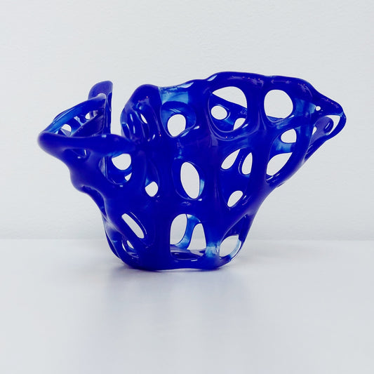 Cobalt Blue Glass Basket, Asymmetrical Coral Vase, Art Sculpture