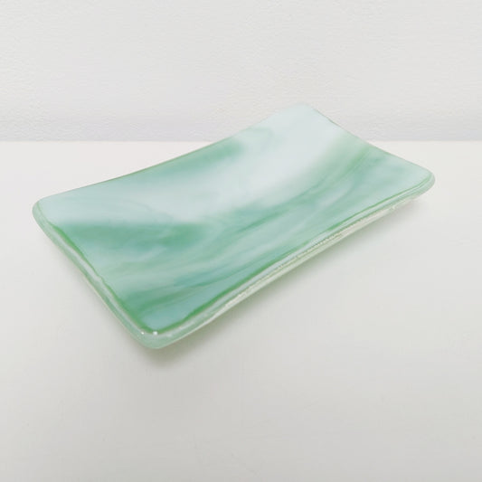 Prelude to Spring Glass Art Dish, Handmade Light Green & White Soap Tray