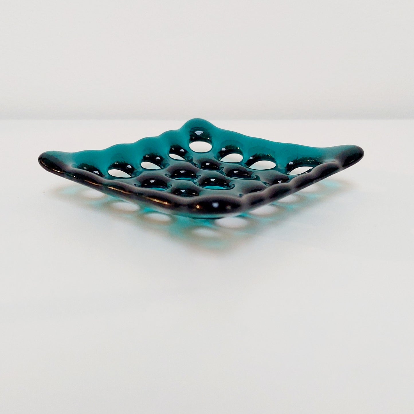 Teal Glass Soap Dish with Holes