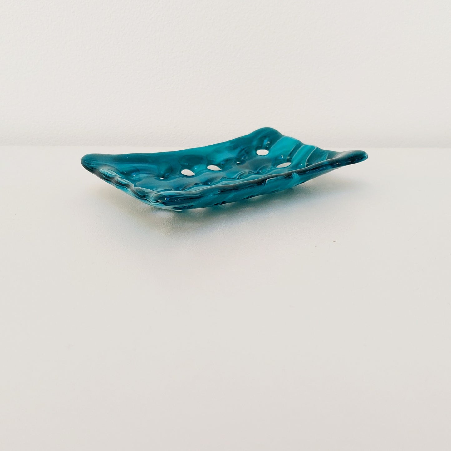 Rectangular Teal & Aqua Glass Soap Dish with Holes