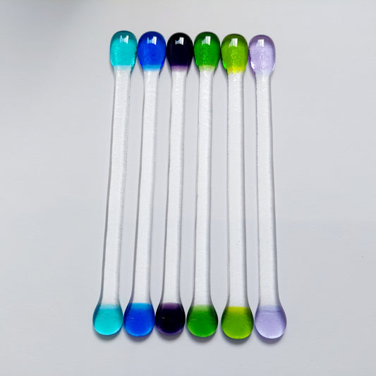 Handmade Glass Swizzle Sticks, Colourful Fused Glass Cocktail Stirrers