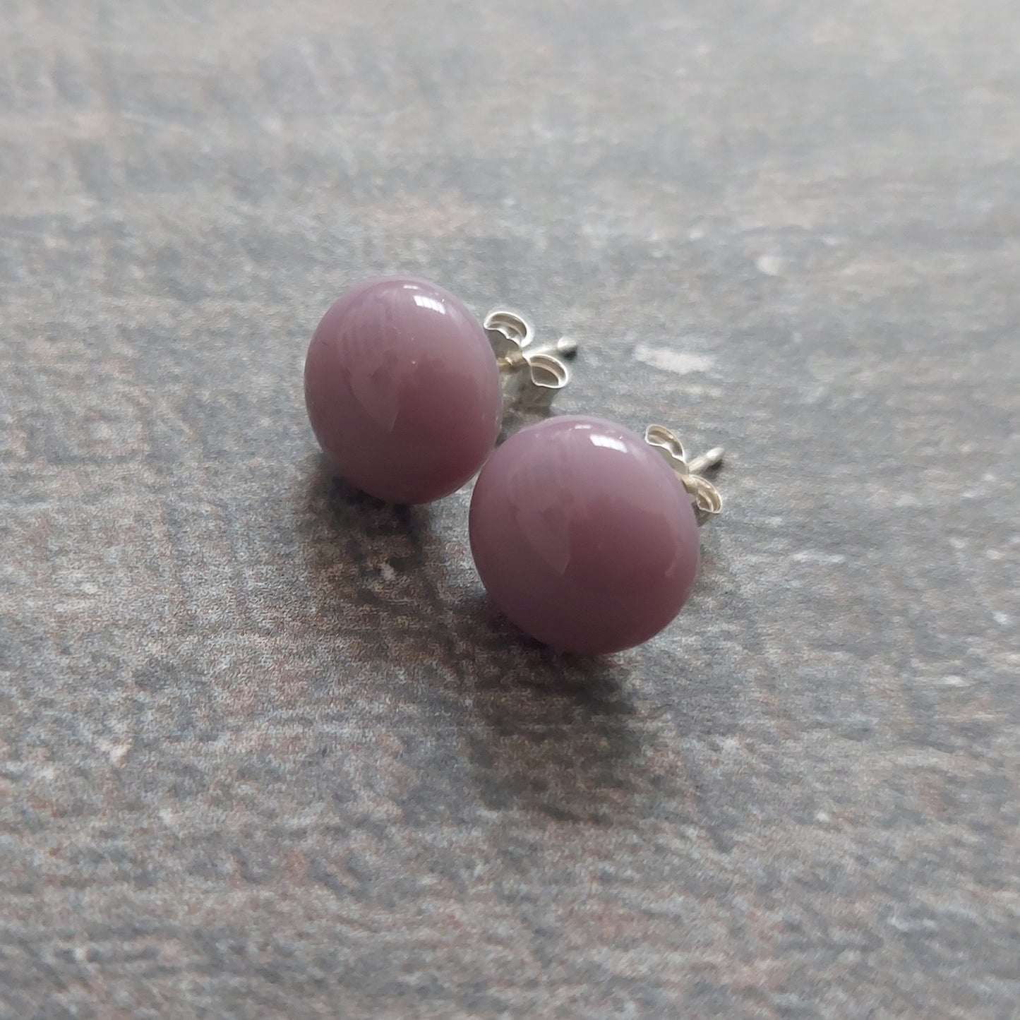 Opalescent Plum Glass Stud Earrings with Sterling Silver Posts