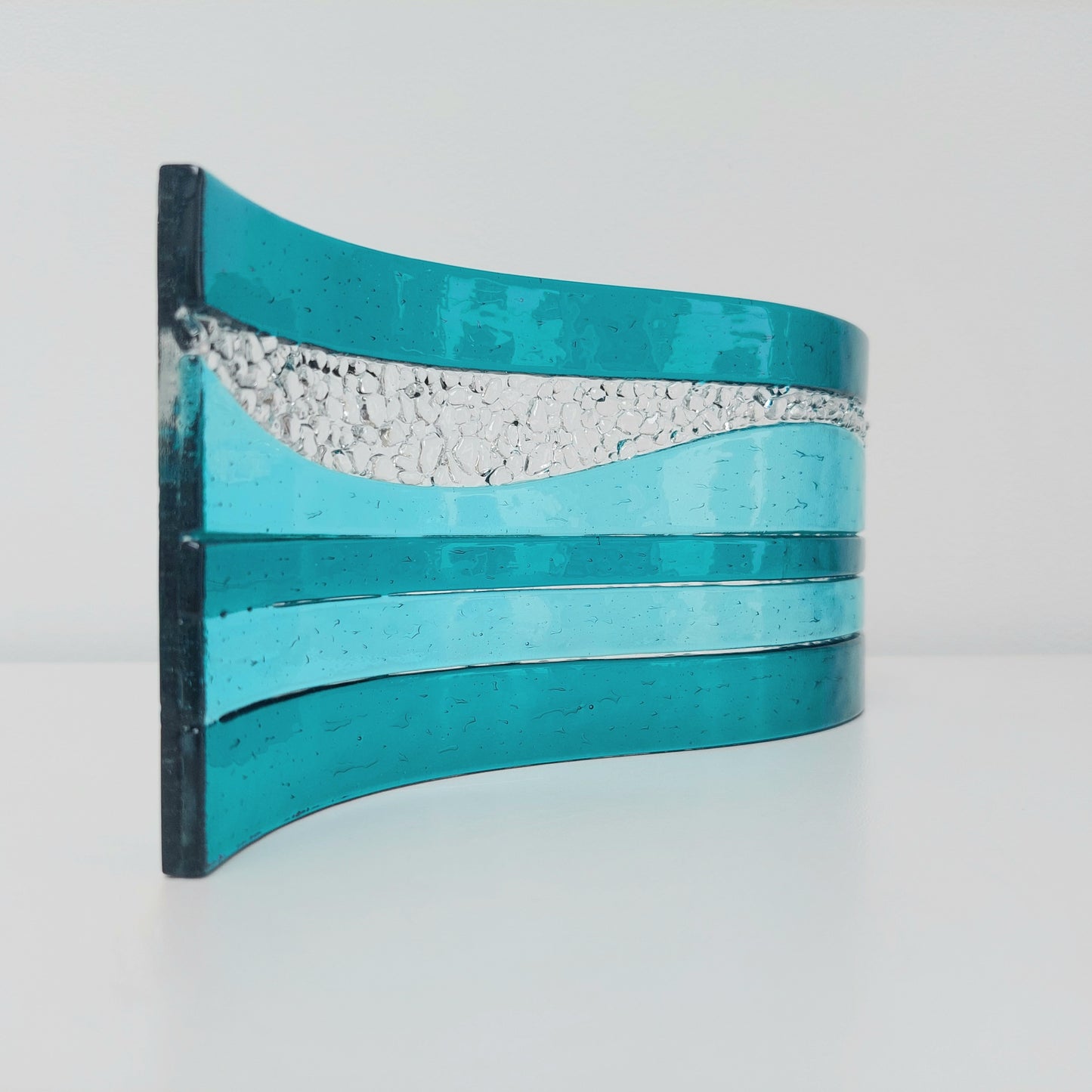 Aqua and Teal Glass Wave, Artisanal Fused Glass Ornament, Freestanding Textured Glass Art Panel, Teal Living Room Décor, Lake District Glass
