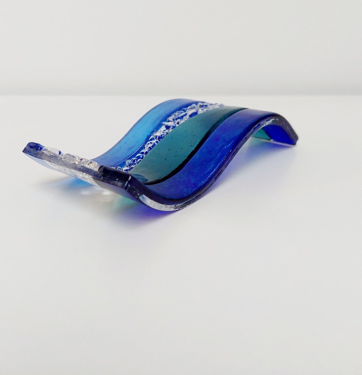 Handcrafted Lake District Glass Ornament, Small Blue Green Fused Glass Wave