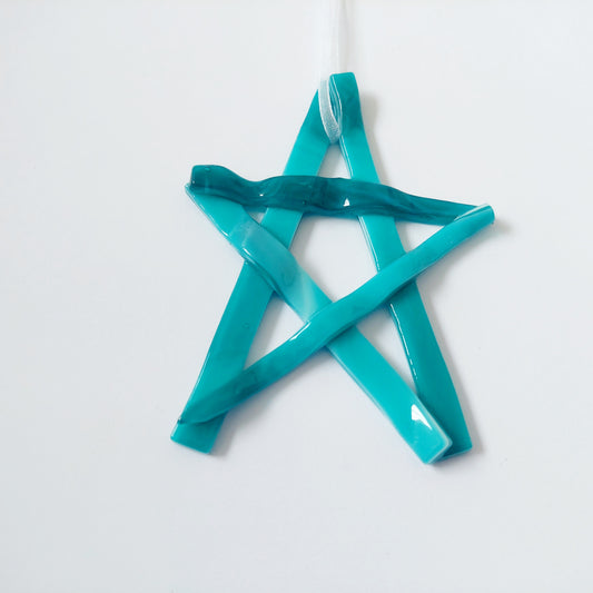 Aqua and Teal Glass Star, Handcrafted Christmas Tree Ornament
